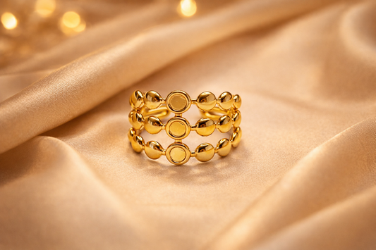Zarini Triple Layer Dotted Ring Gold Plated Anti Tarnish Statement Band Featuring Dotted Texture Detail