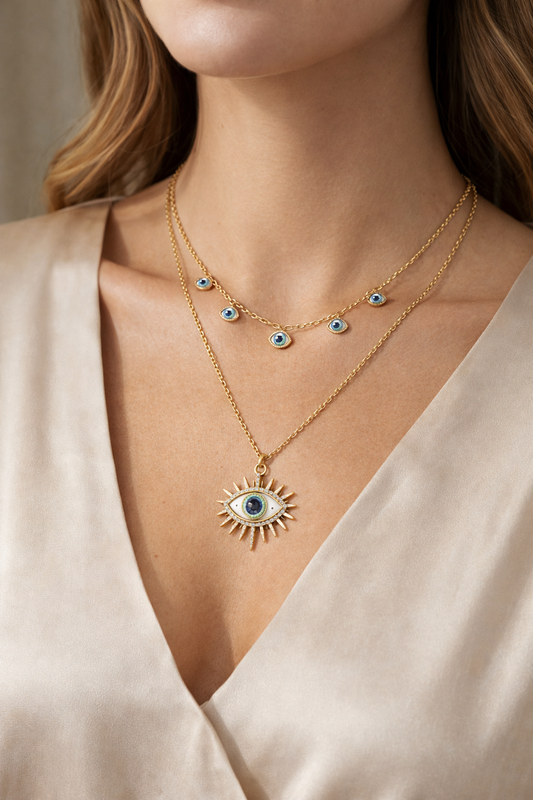 Zarini Gold-Toned Layered Evil Eye Necklace with Multiple Blue Beads