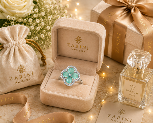 Zarini Bloom Crystal Floral Adjustable Ring – Silver Finish with Mint Green Stone