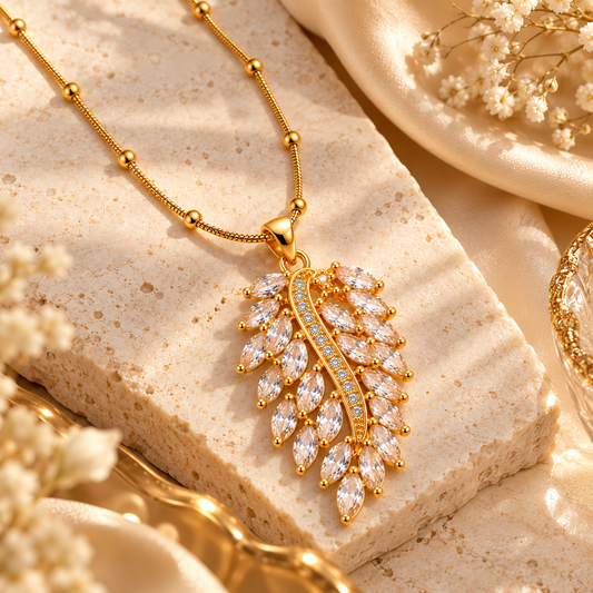Zarini Gold-Tone Crystal Leaf Pendant Necklace for Women | Elegant Statement Pendant