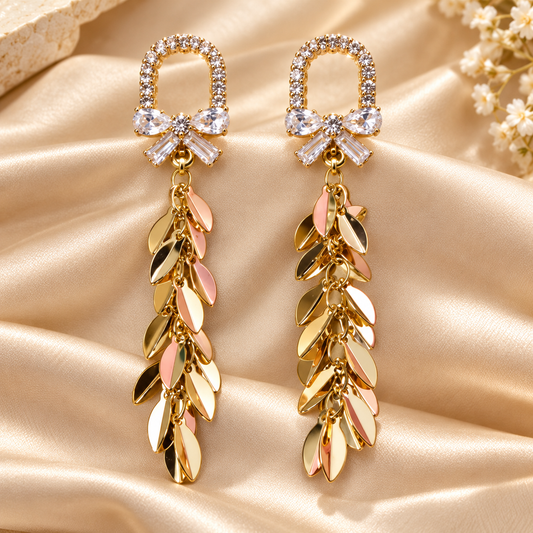 Zarini Gold-Tone Crystal Bow & Leaf Drop Earrings | Elegant Designer Dangle Earrings