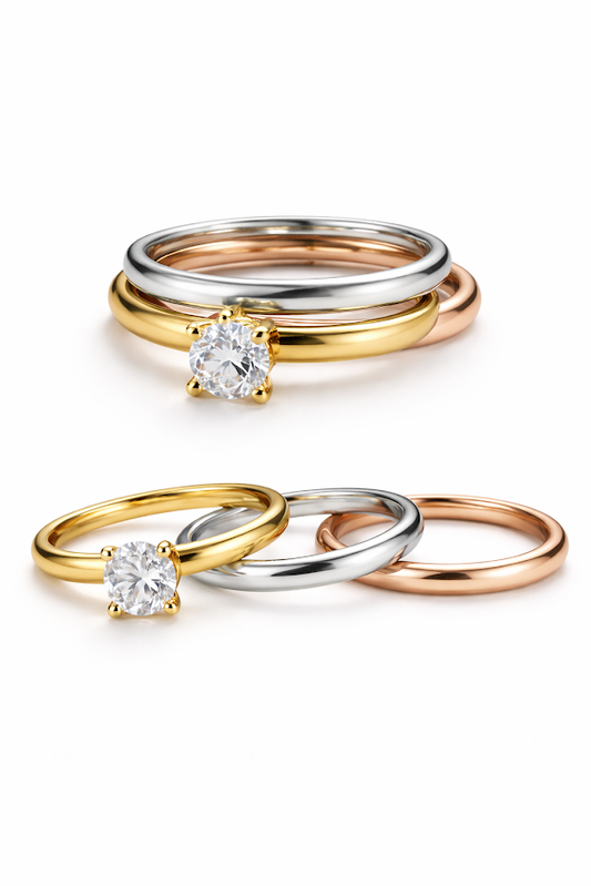 Zarini Trio Ring Set Solitaire Gold Ring With Silver And Rose Gold Plain Bands Anti Tarnish Close Up Of Mixed Metal Finish