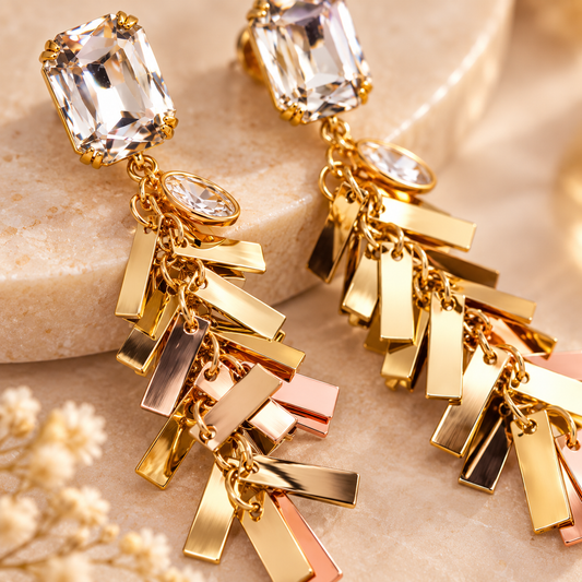 Gold-Tone Crystal Bar Drop Earrings | Modern Geometric Dangle Earrings