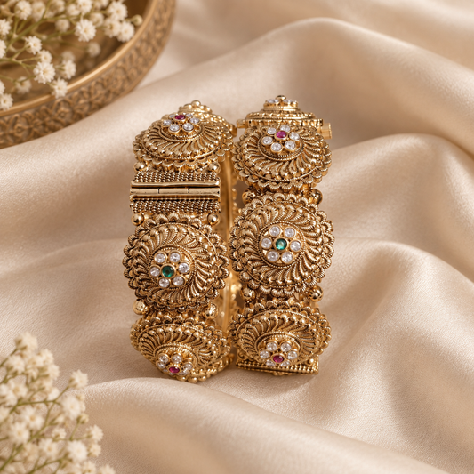 Zarini Antique Gold-Toned Floral Kada Bangles with Pink, Green & Clear Stones – Set of 2