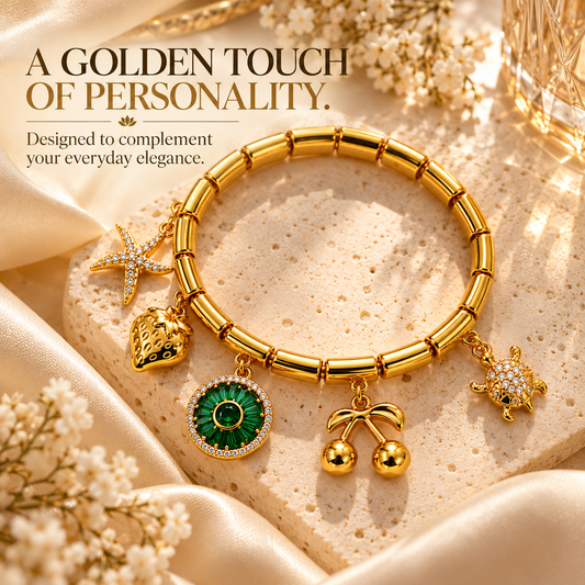 Zarini Gold-Tone Green Crystal Charm Bracelet for Women | Starfish & Turtle Charm Bracelet