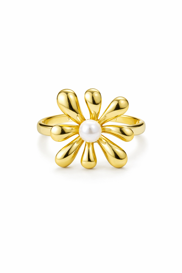 Zarini Gold-Toned Flower Ring – Anti-Tarnish Floral Design with Central Faux Pearl