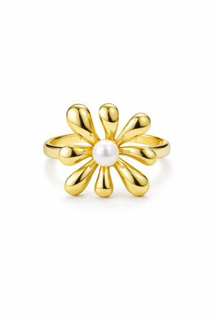 Zarini Gold-Toned Flower Ring – Anti-Tarnish Floral Design with Central Faux Pearl