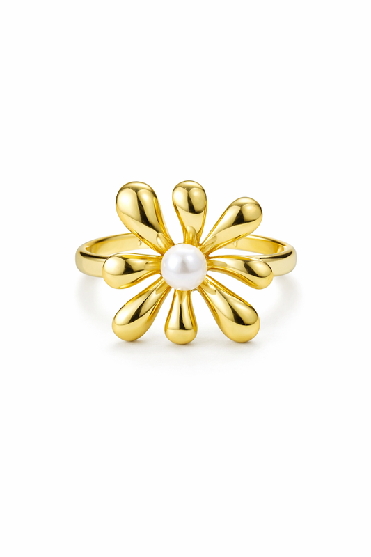 Zarini Gold-Toned Flower Ring – Anti-Tarnish Floral Design with Central Faux Pearl