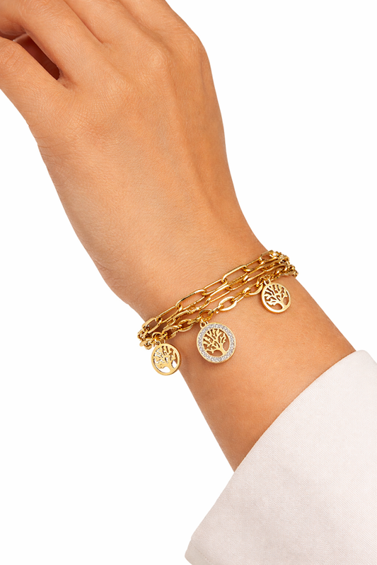 Zarini Tree Of Life Charm Bracelet Gold Plated Anti Tarnish Chain Design Highlighting Gold Plated Chain Links
