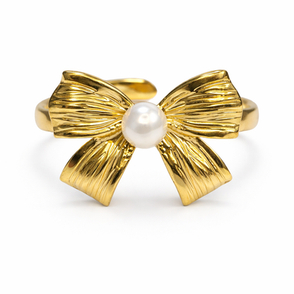 Zarini Gold-Plated Bow Ring – Anti-Tarnish Design with Central Faux Pearl