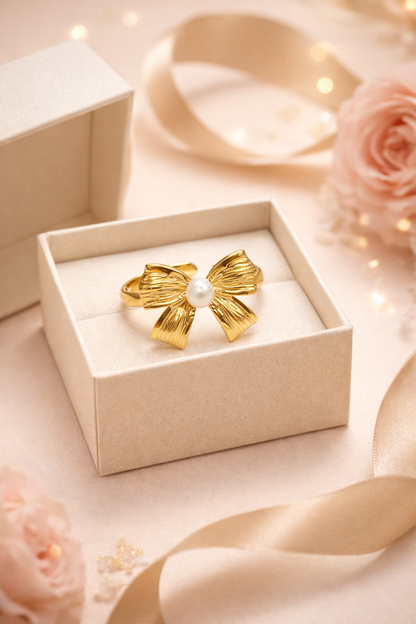 Zarini Gold-Plated Bow Ring – Anti-Tarnish Design with Central Faux Pearl