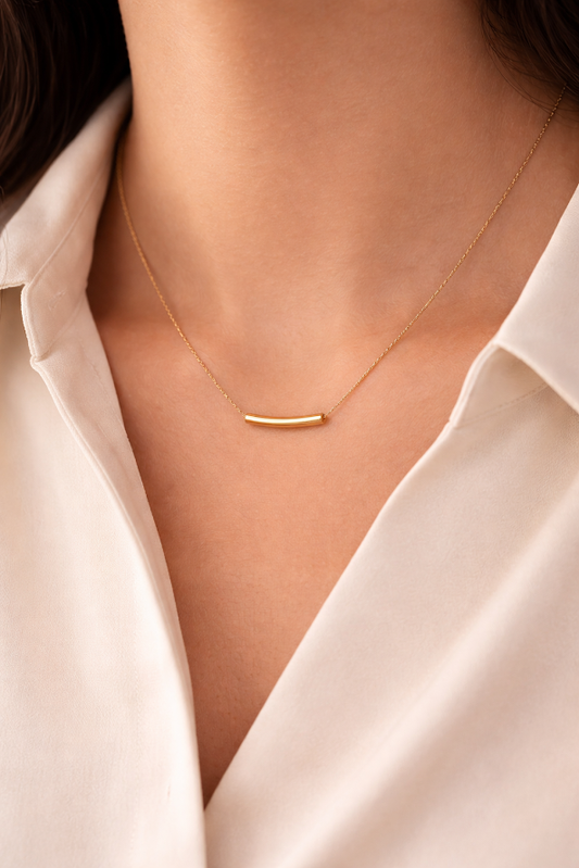 Zarinis Gold Plated Anti Tarnish Minimalistic Sleek Tube Pendant Necklace Close Up Of Minimal Tube Design