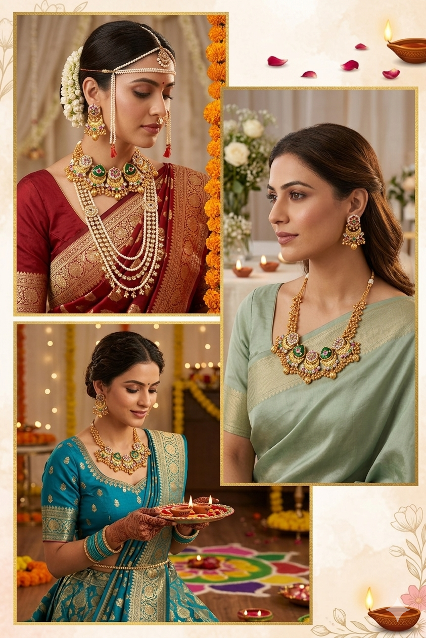 Zarini Royal Green Kundan Temple Necklace Set