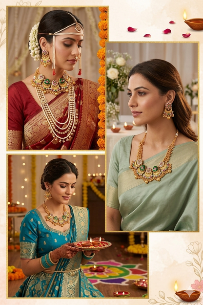 Zarini Royal Green Kundan Temple Necklace Set