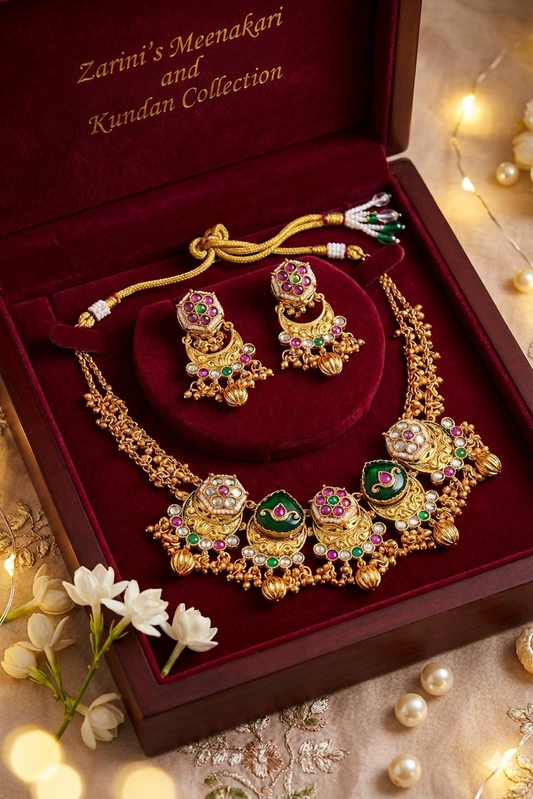 Zarini Royal Green Kundan Temple Necklace Set
