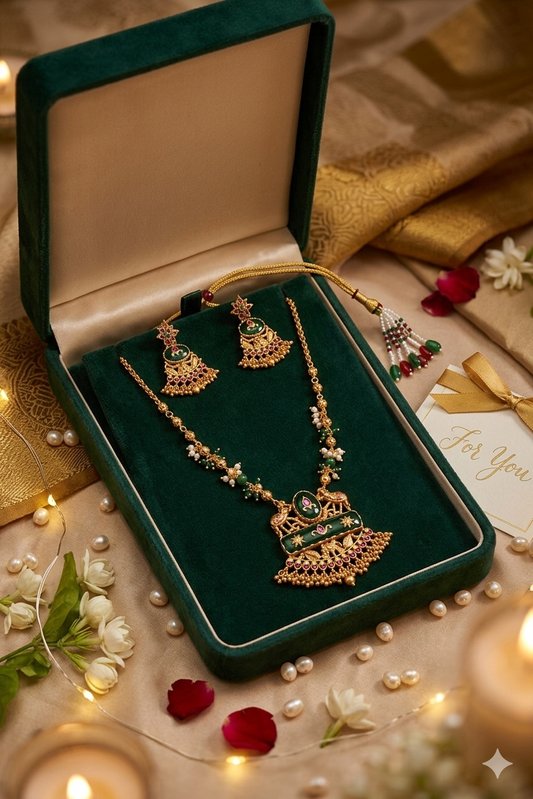 Zarini  Emerald Temple Pendant Necklace Set