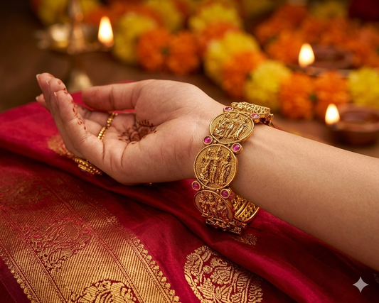 Zarini Antique Gold-Toned Ram Parivar Temple Kada Bangles with Ruby Stones – Set of 2