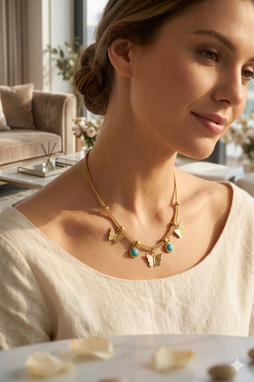 Zarini’s Gold Plated Butterfly & Blue Bead Charm Pendant