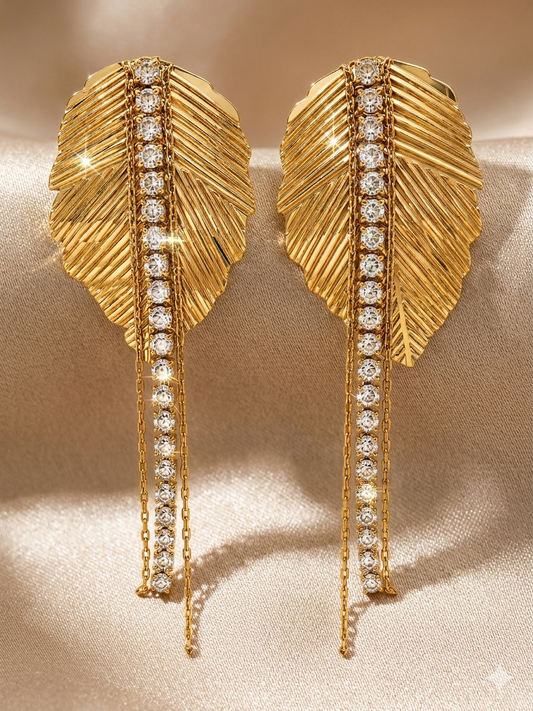 Zarini Gold-Tone Crystal Leaf Drop Earrings for Women | Long Statement Earrings