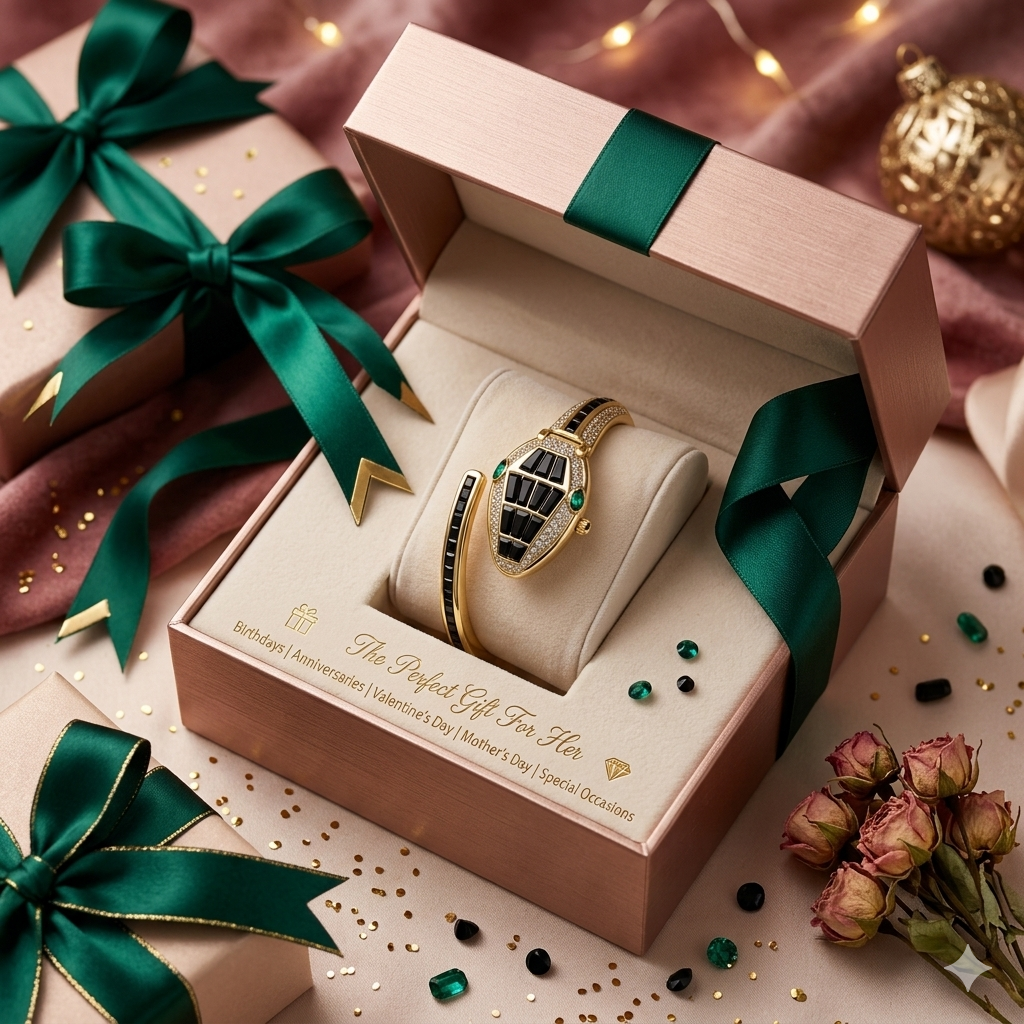 Luxury Snake Crystal Bracelet Watch for women-Gold Statement Timepiece