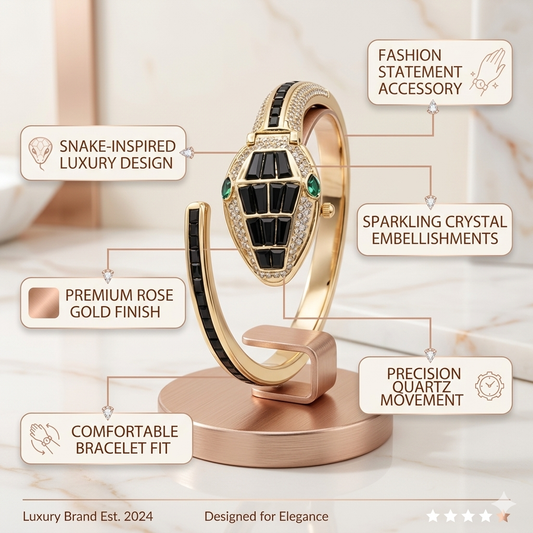 Luxury Snake Crystal Bracelet Watch for women-Gold Statement Timepiece