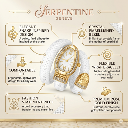 Zarini Luxe Crystal-Studded White Woven Wrap Bracelet Watch for Women | Gold-Tone Oval Dial | Elegant Fashion Timepiece
