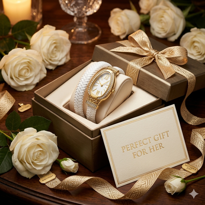 Zarini Luxe Crystal-Studded White Woven Wrap Bracelet Watch for Women | Gold-Tone Oval Dial | Elegant Fashion Timepiece