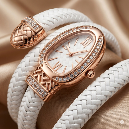 Zarini Luxe Crystal-Studded White Woven Wrap Bracelet Watch for Women | Gold-Tone Oval Dial | Elegant Fashion Timepiece