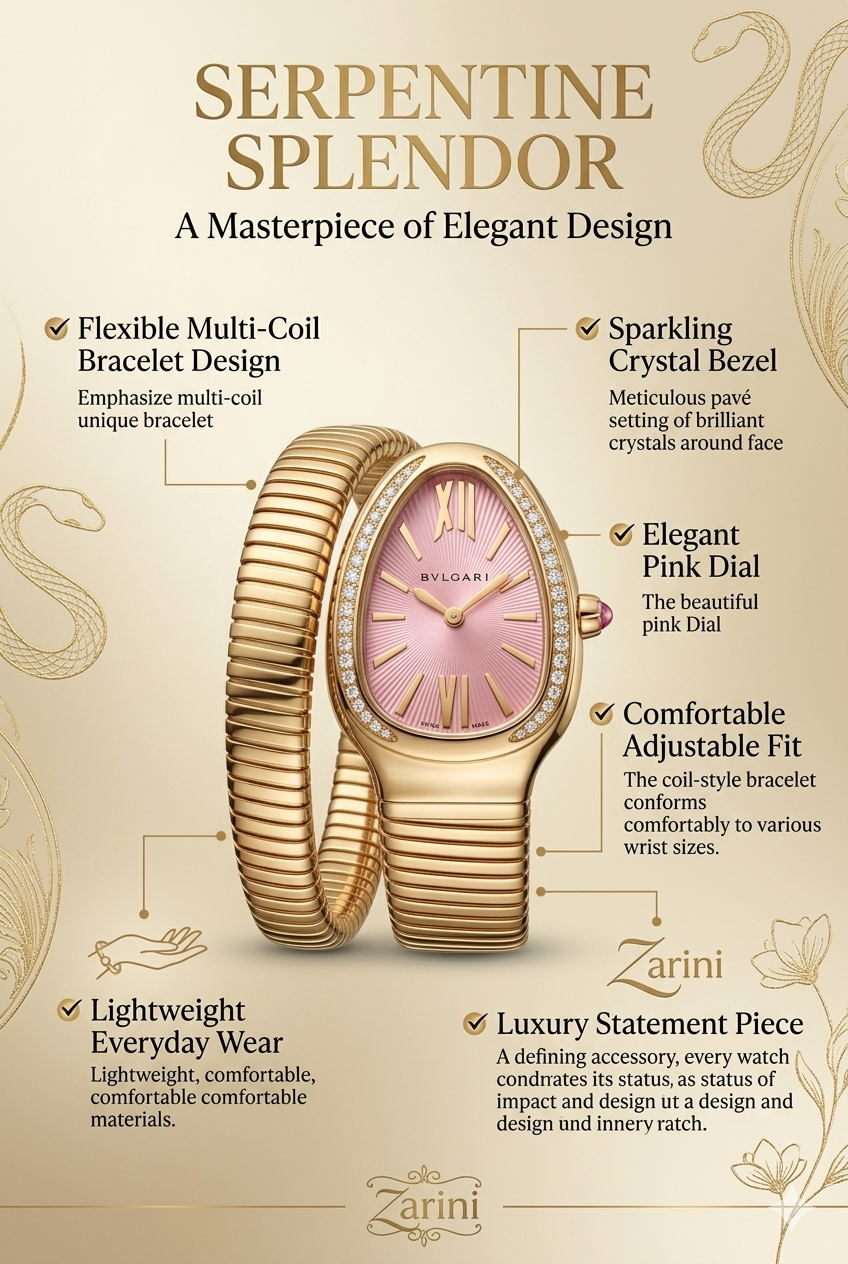 Zarini Luxe Pink Crystal Wrap Bracelet Watch for Women | Gold-Tone Designer Statement Timepiece