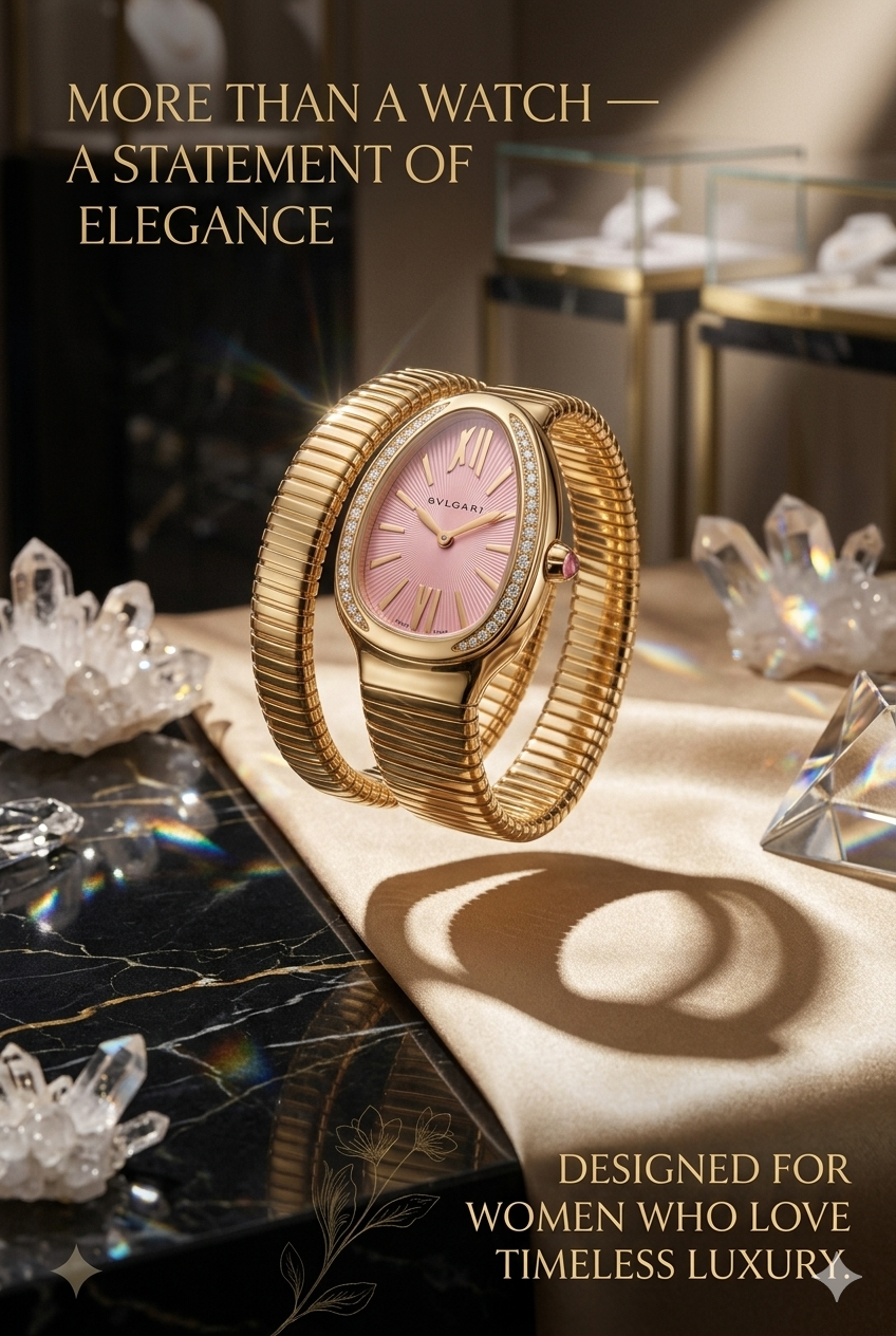 Zarini Luxe Pink Crystal Wrap Bracelet Watch for Women | Gold-Tone Designer Statement Timepiece