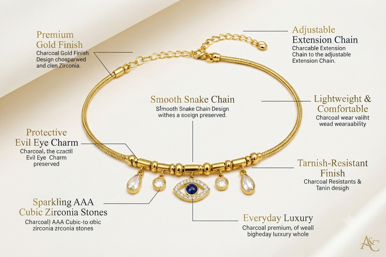 Gold Plated Evil Eye Charm Bracelet – Anti-Tarnish CZ Studded Design