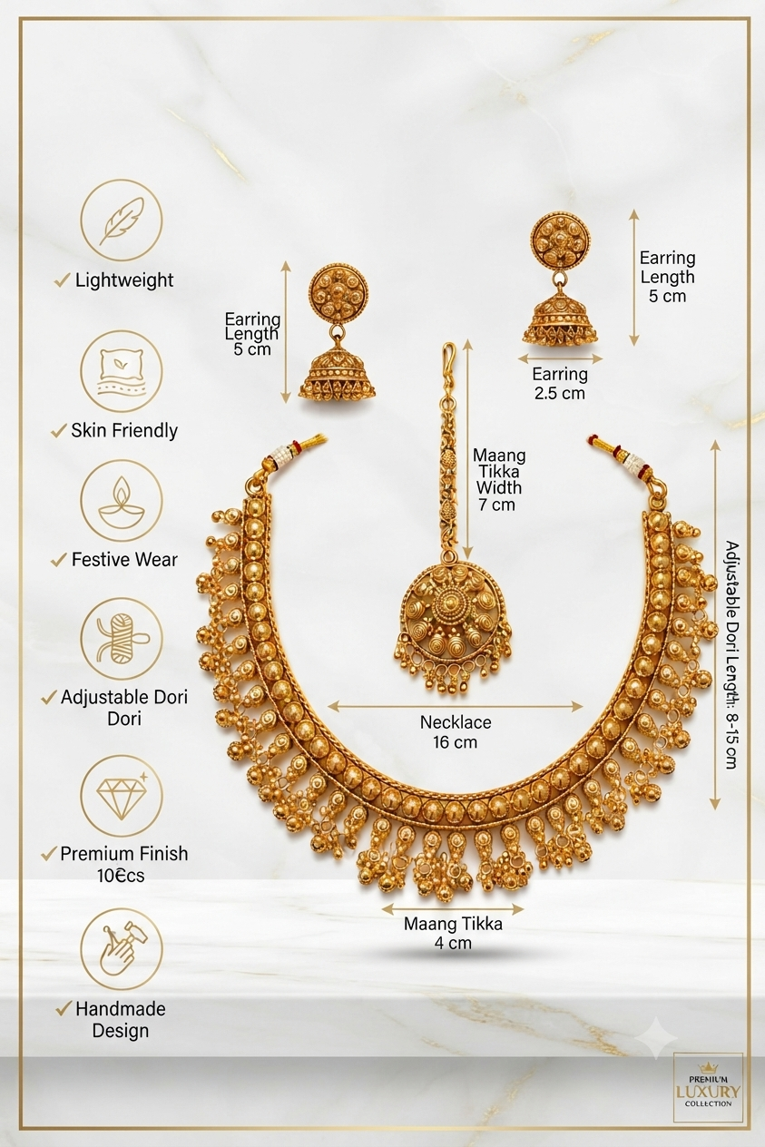 Antique Gold Beaded Choker Set with Maang Tikka