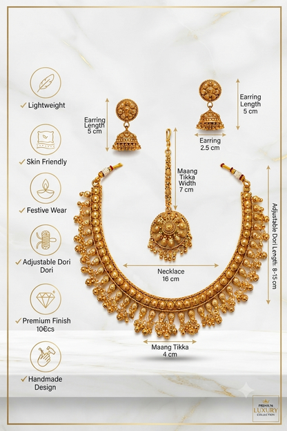 Antique Gold Beaded Choker Set with Maang Tikka