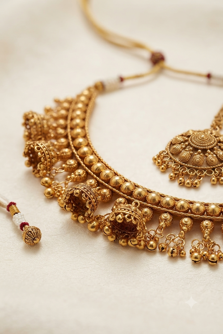 Antique Gold Beaded Choker Set with Maang Tikka