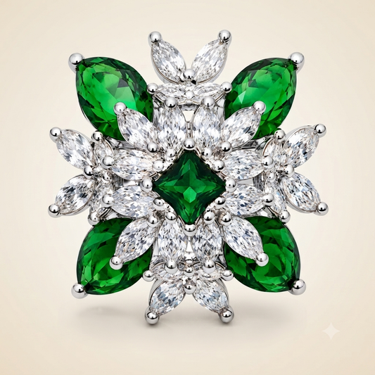 ZARINI Forest Blossom Silver-Toned Green Floral Statement Ring