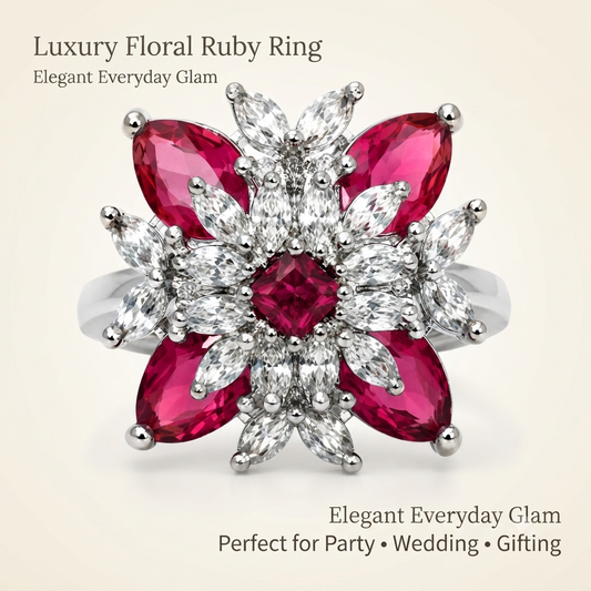 ZARINI Fuchsia Bloom Silver-Toned Floral Statement Ring