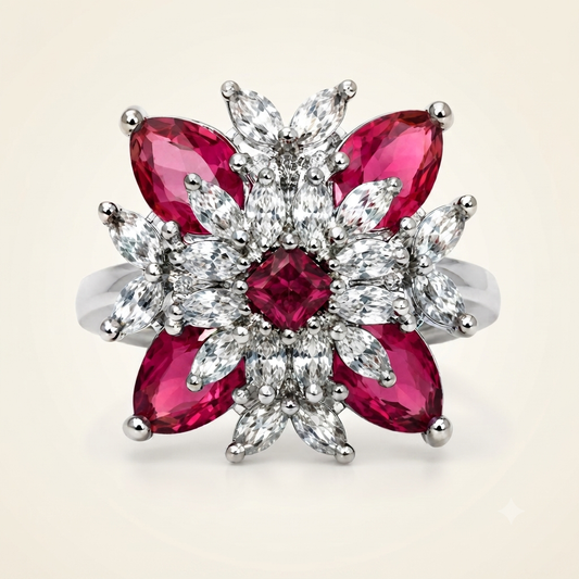 ZARINI Fuchsia Bloom Silver-Toned Floral Statement Ring