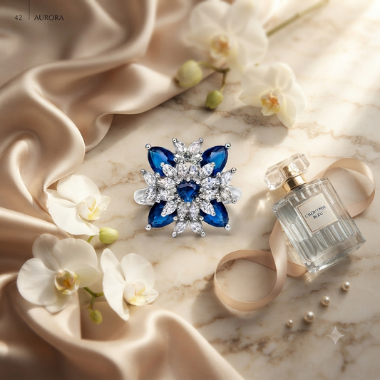 ZARINI Azure Romance Blue Heart Floral Statement Ring