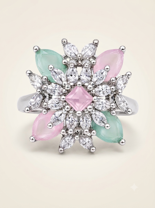 ZARINI Pastel Garden Pink & Mint Floral Statement Ring