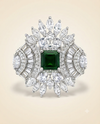 ZARINI Verdant Crown Green Stone Silver-Toned Statement Ring