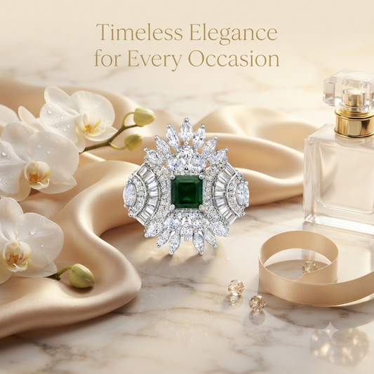 ZARINI Verdant Crown Green Stone Silver-Toned Statement Ring