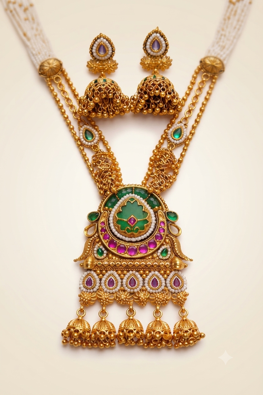 Zarini’s Royal Pearl Temple Long Necklace Set