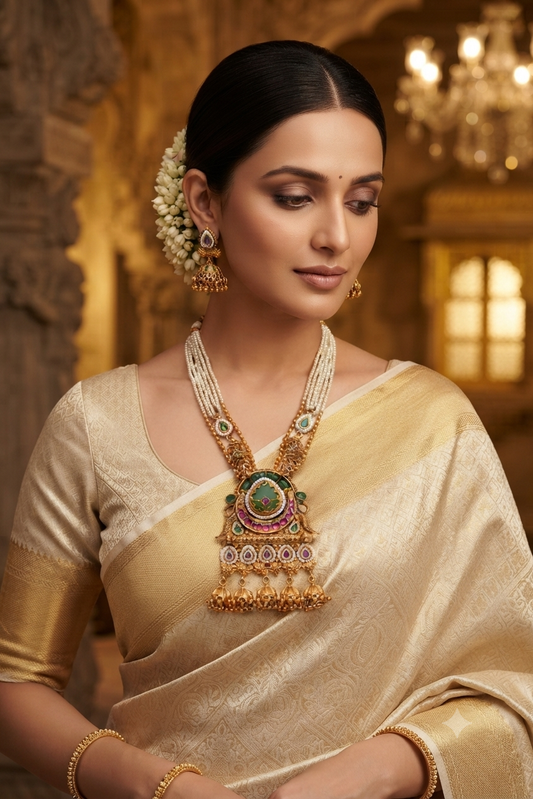 Zarini’s Royal Pearl Temple Long Necklace Set