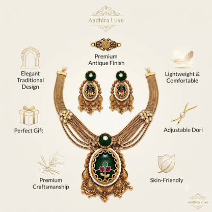 Zarini Emerald Antique Layered Necklace Set