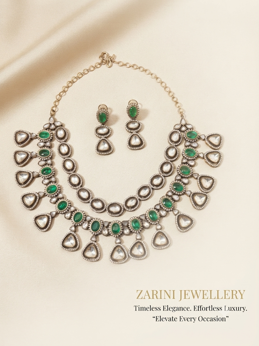 Zarini Meher Emerald Polki Layered Necklace Set