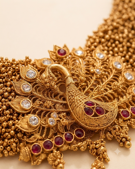 Zarini Mayura Antique Gold Bridal Necklace Set.