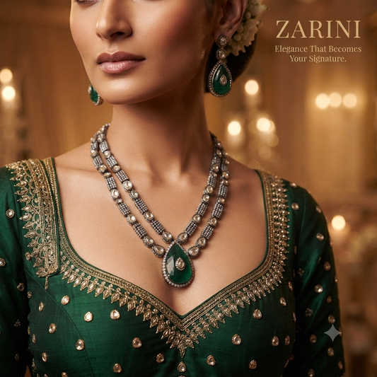 Zarini Zaira Emerald Double-Layer Polki Necklace Set