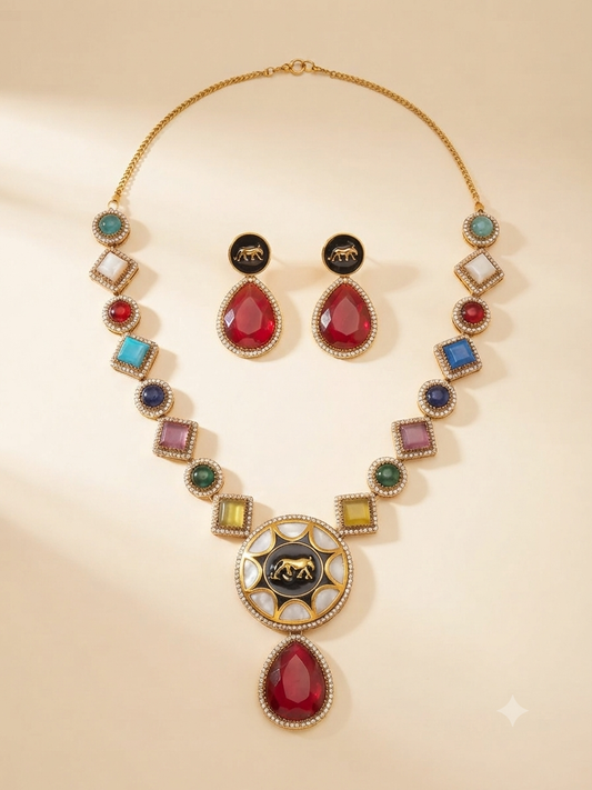 Zarini Shera Navratna Statement Necklace Set