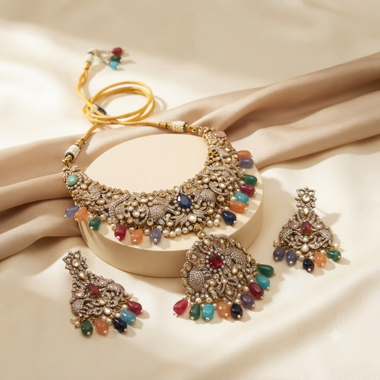 Zarini Rangrez Navratna Peacock Choker Necklace