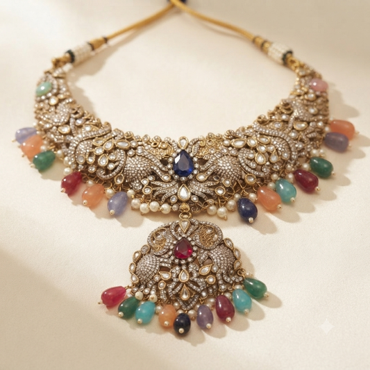 Zarini Rangrez Navratna Peacock Choker Necklace